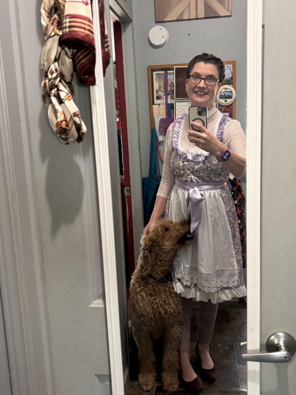 Floral Purple Sleeveless Dirndl Dress with Apron
